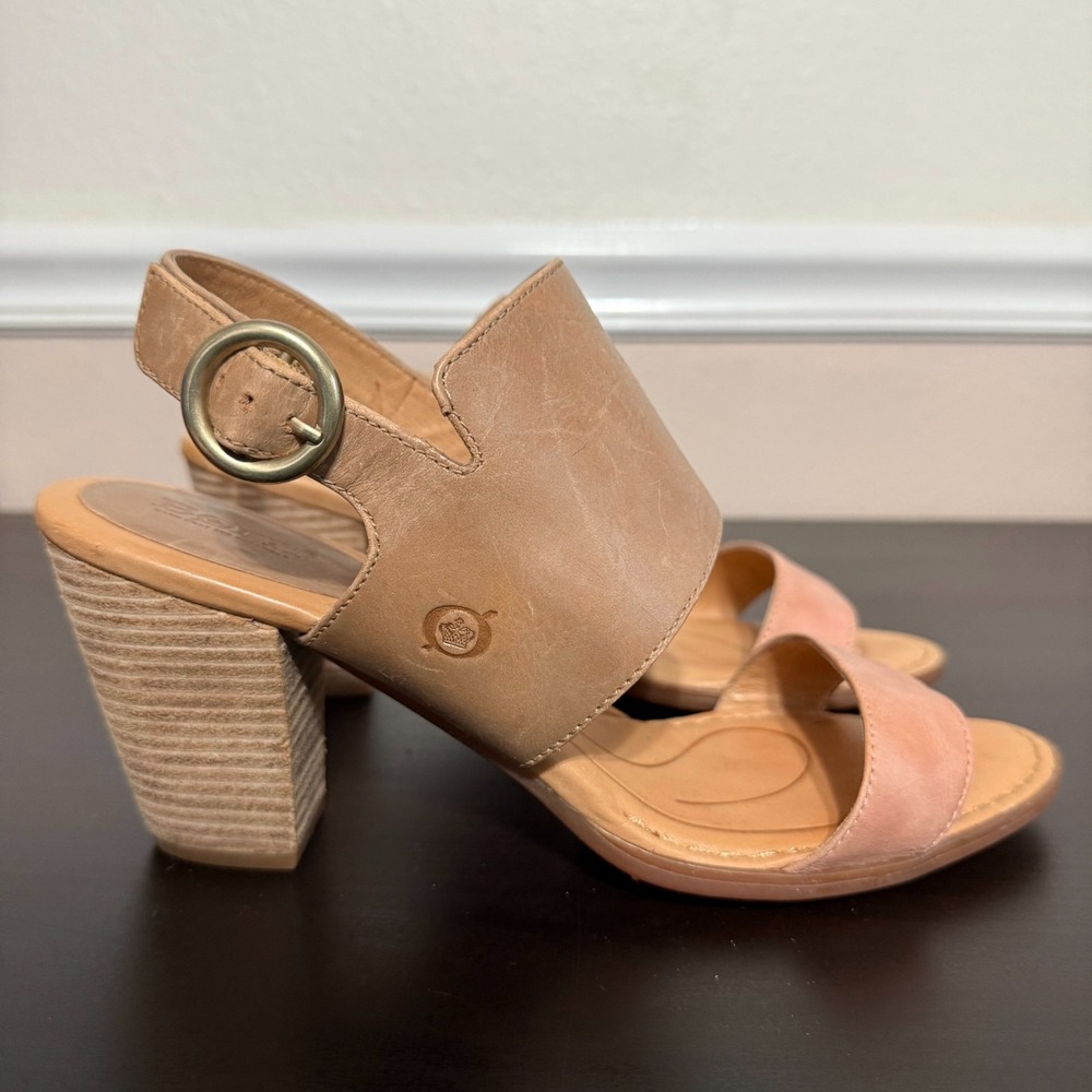 Born Cindie Sandals Women's 11 Tan Leather‎ Buckle Block Heel Open Toe Comfort
